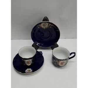 Vtg Set Of 2 Cobalt Blue Demitasse Cup Saucer KT Hand Spray in Glaze Roses Japan
